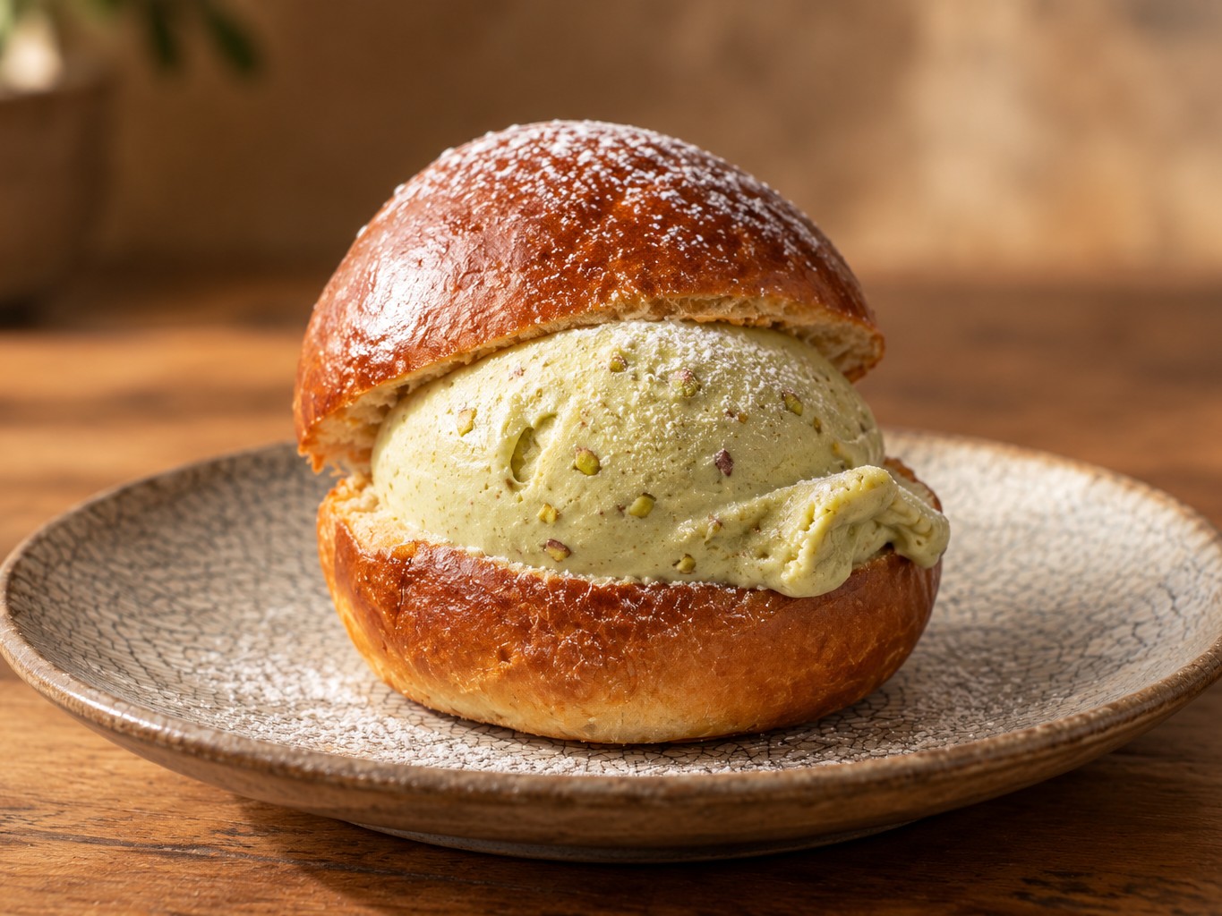 Brioche bun filled with pistachio gelato and dusted with icing sugar, Bottega Bar Sunday brunch